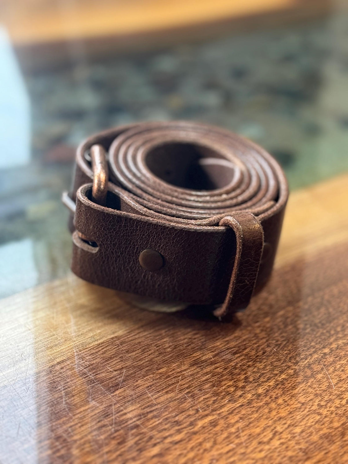 Antiqued Chocolate Water Buffalo Leather Belt – 1.5" Full-Grain, Handmade in Michigan