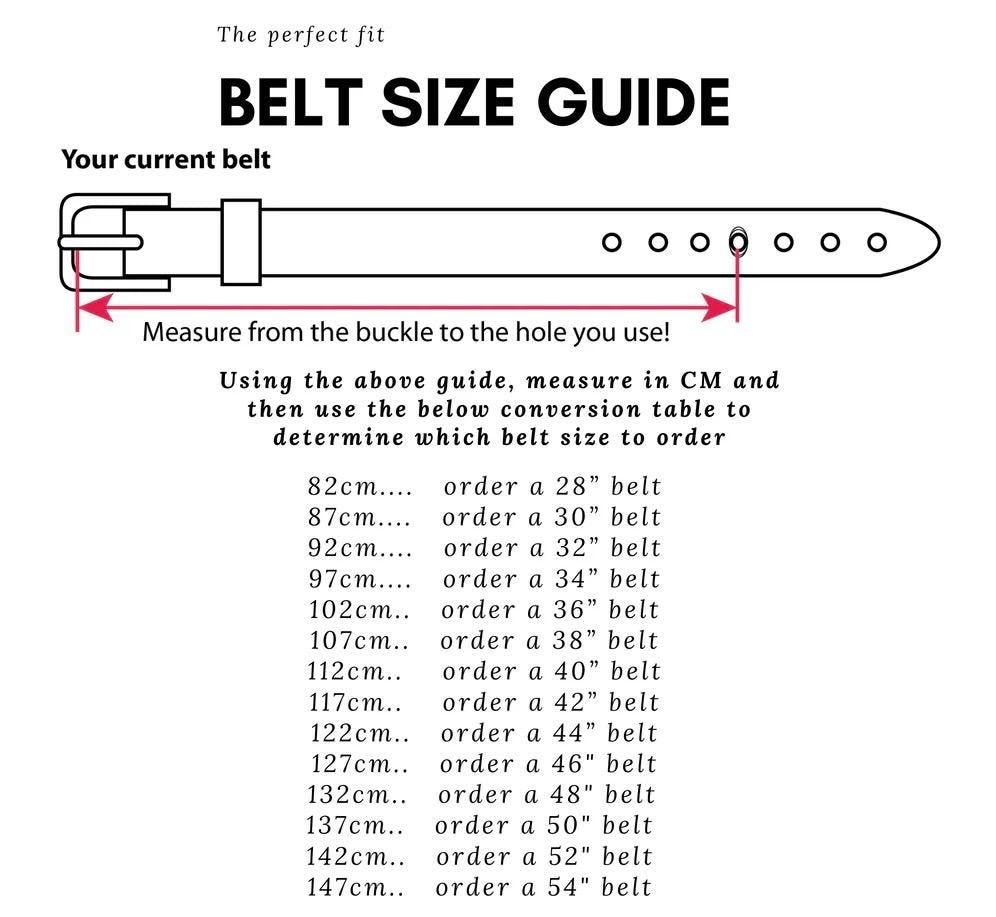 A belt size guide infographic showing a diagram of a belt with measurement arrows, plus a conversion table listing centimeter lengths and corresponding belt sizes.